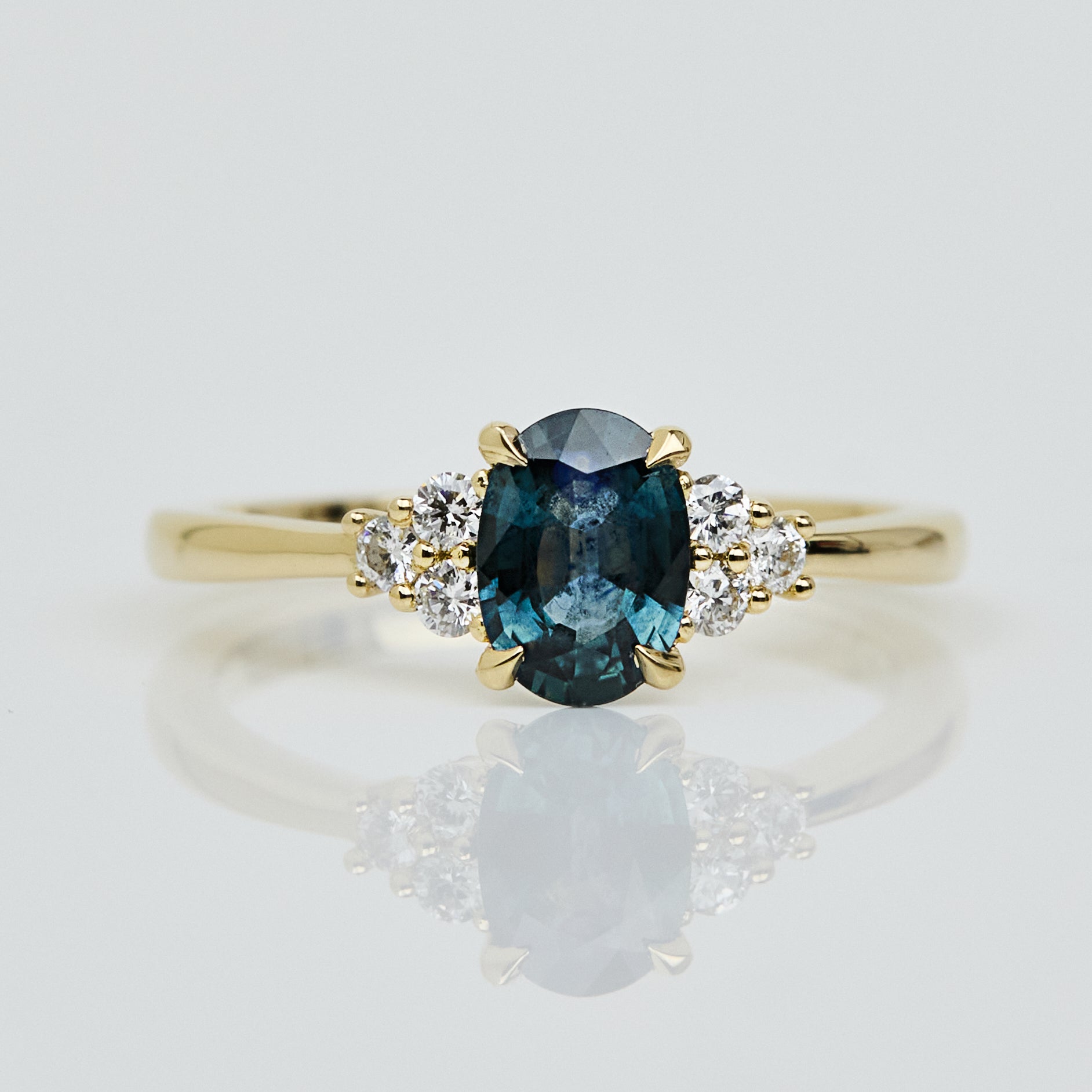 Oval Teal Sapphire Engagement Ring, One of a Kind, 18ct Yellow Gold