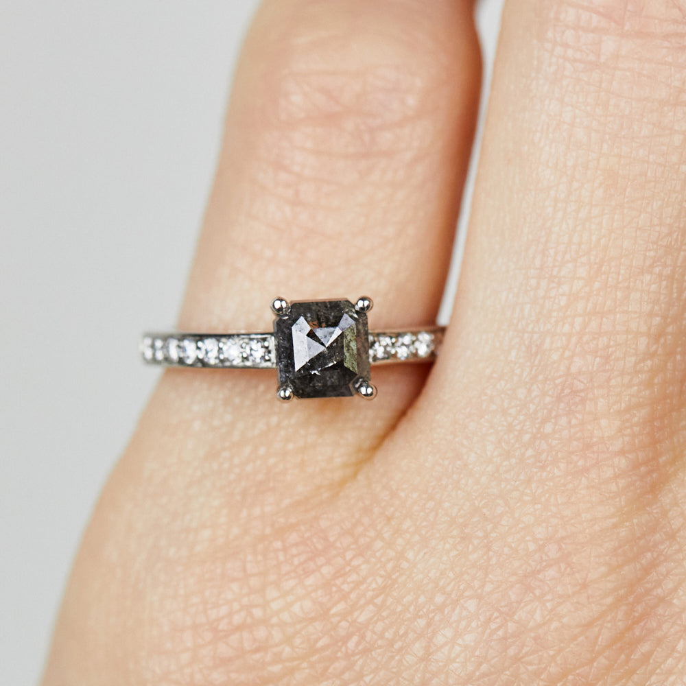 Platinum salt and pepper princess rose cut diamond engagement pavé ring