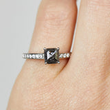 Platinum salt and pepper princess rose cut diamond engagement pavé ring