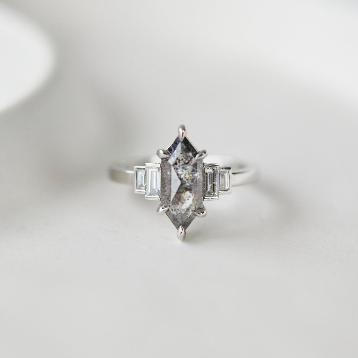 Platinum salt and pepper hexagon diamond engagement one-of-a-kind ring