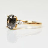 18ct yellow gold salt and pepper oval diamond engagement trilogy ring