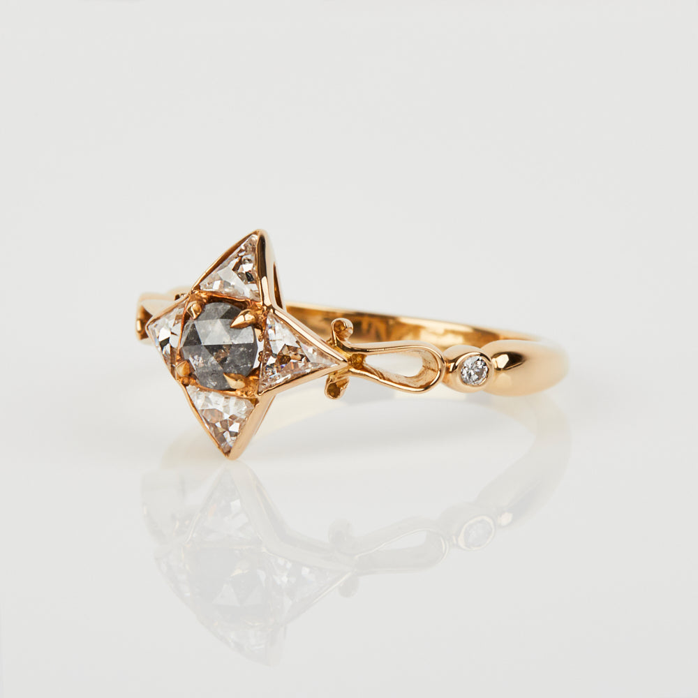 18ct rose gold salt and pepper round rose cut diamond engagement one-of-a-kind ring