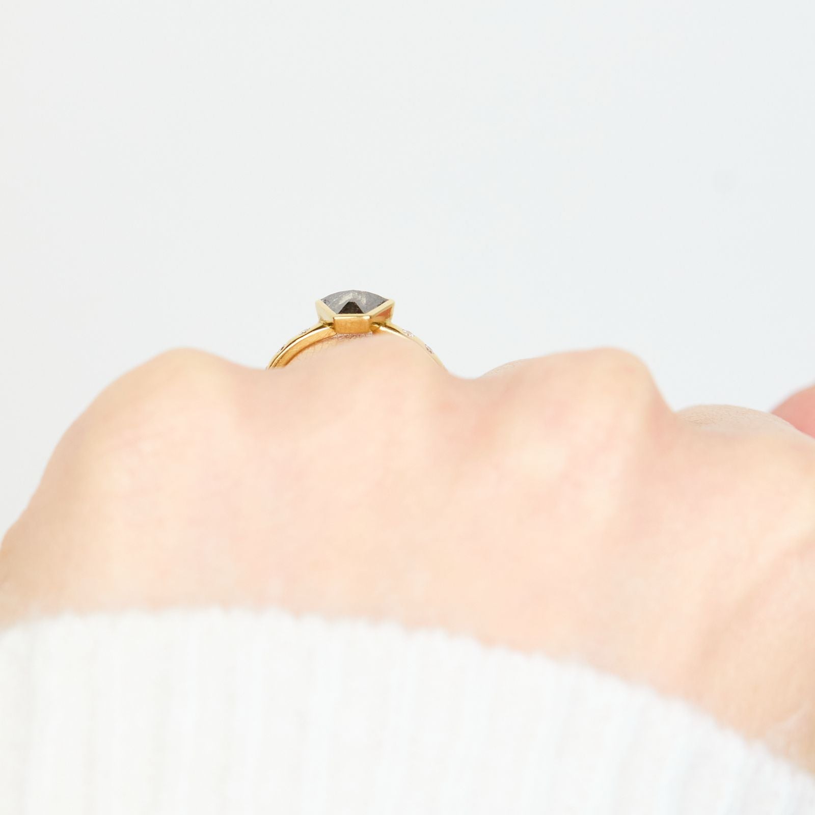 18ct yellow gold salt and pepper shield diamond engagement bezel ring