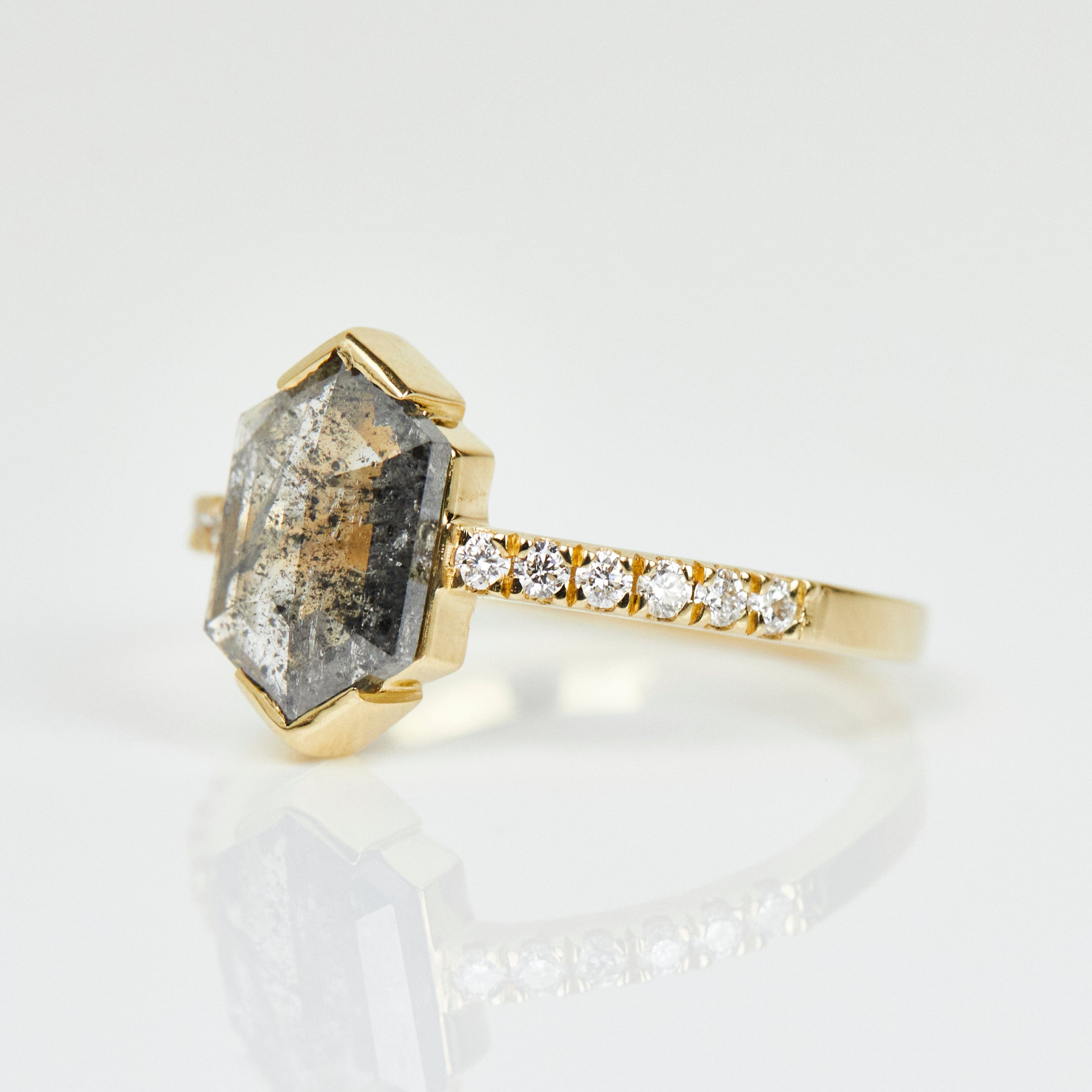 18ct yellow gold salt and pepper hexagon diamond engagement pavé ring