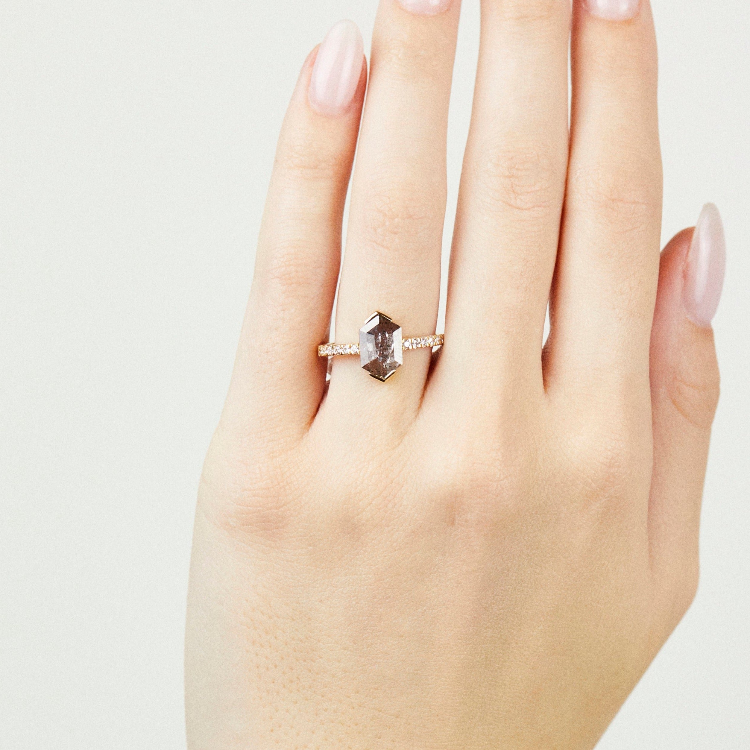 18ct yellow gold salt and pepper hexagon diamond engagement pavé ring