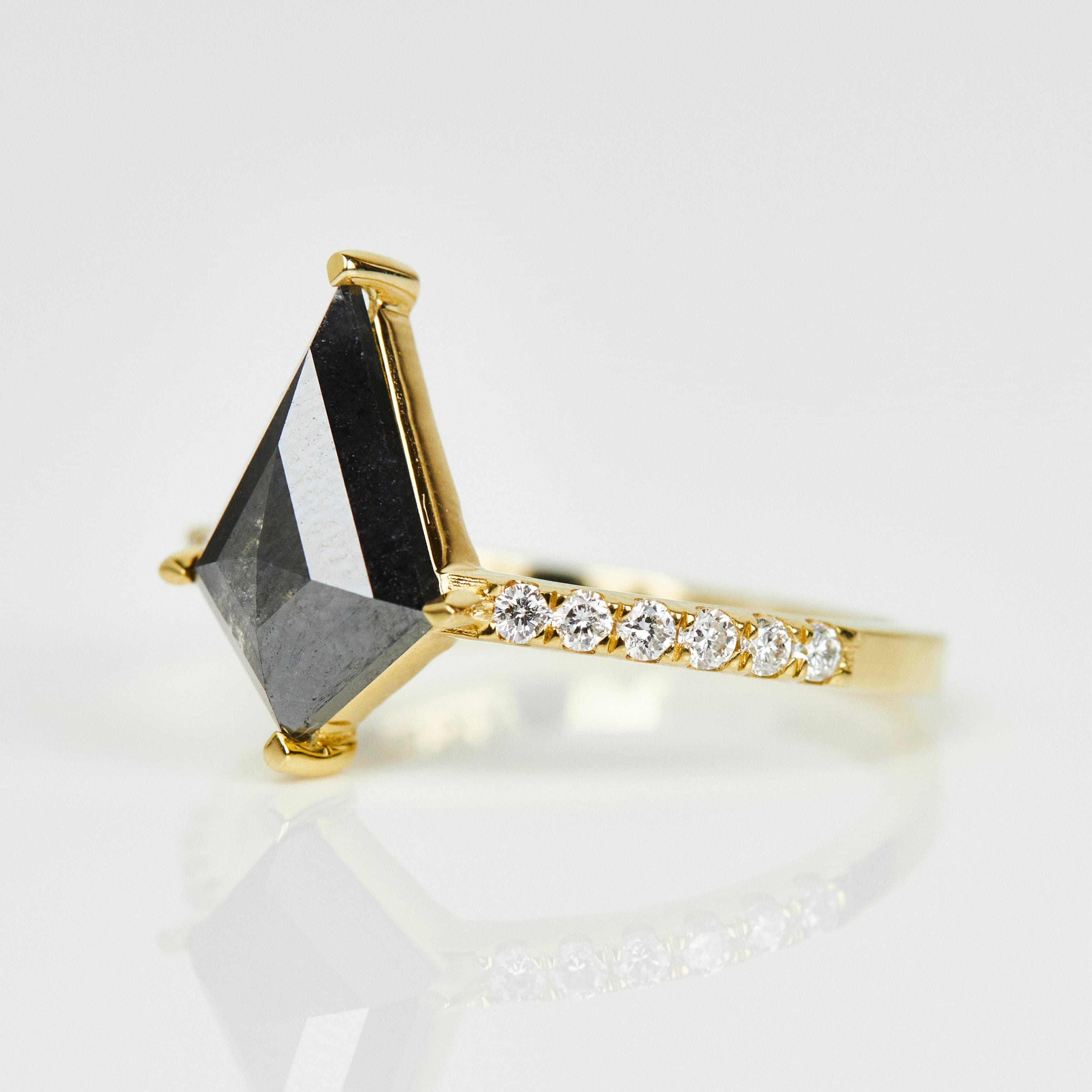 18ct yellow gold salt and pepper kite diamond engagement pavé ring