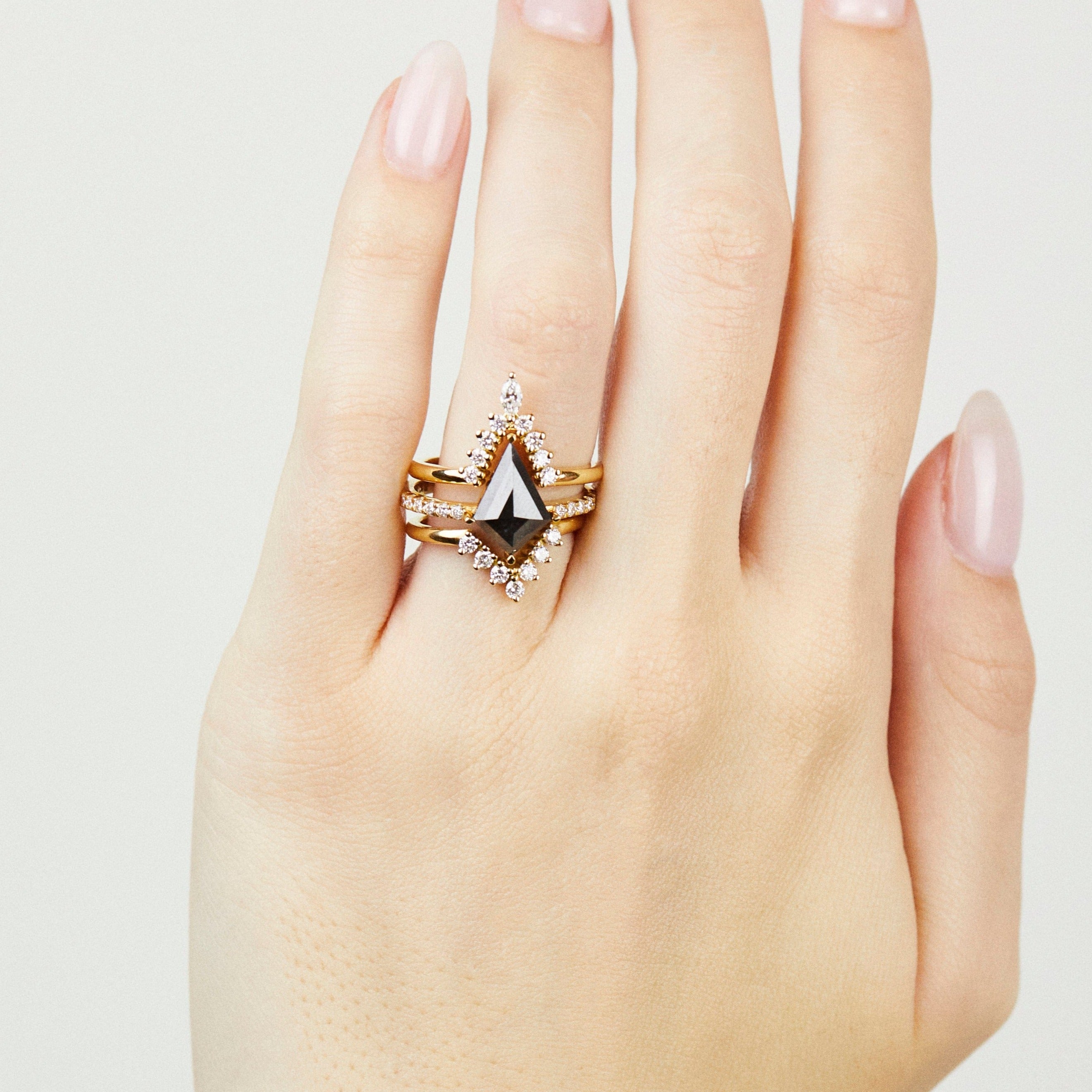 18ct yellow gold salt and pepper kite diamond engagement pavé ring
