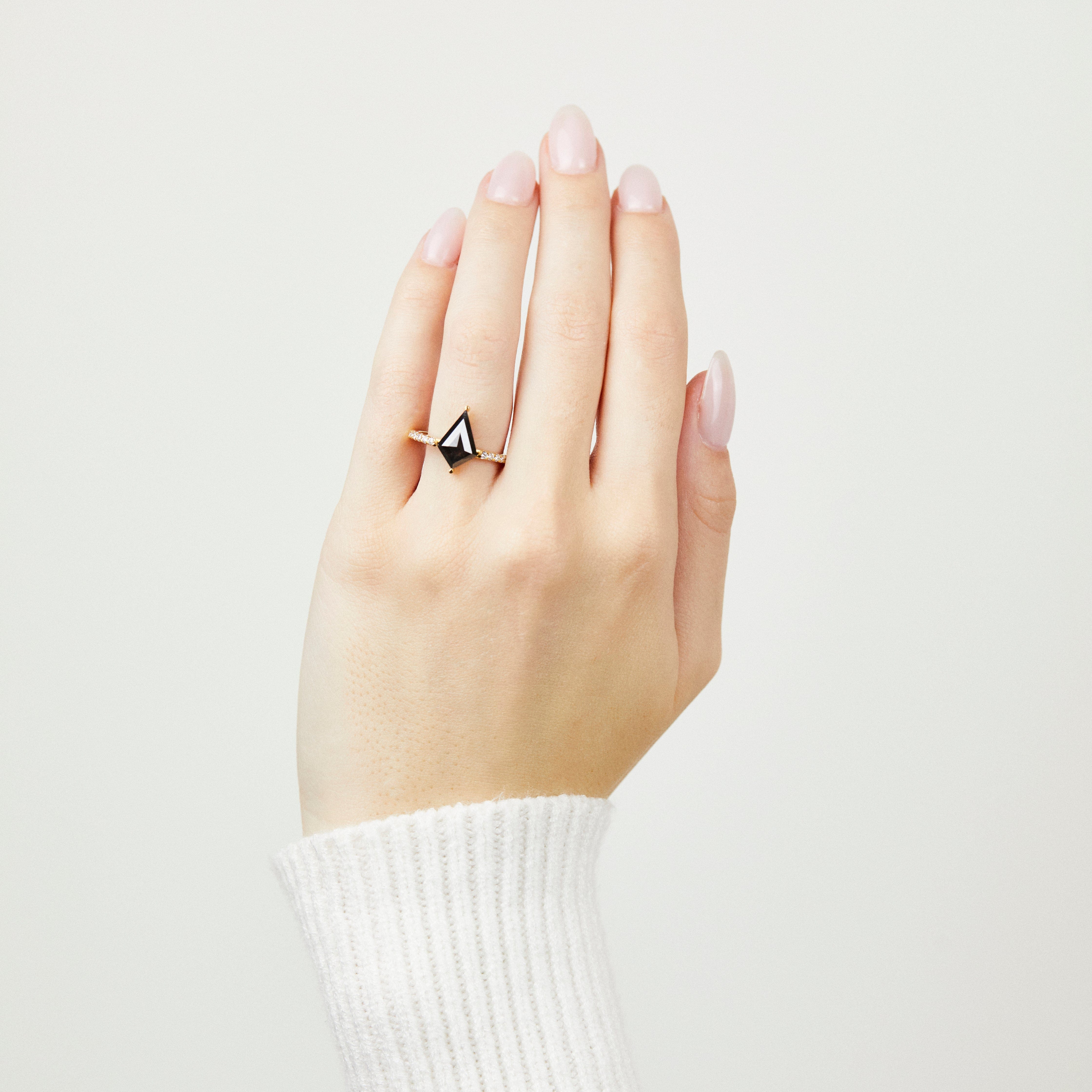 18ct yellow gold salt and pepper kite diamond engagement pavé ring