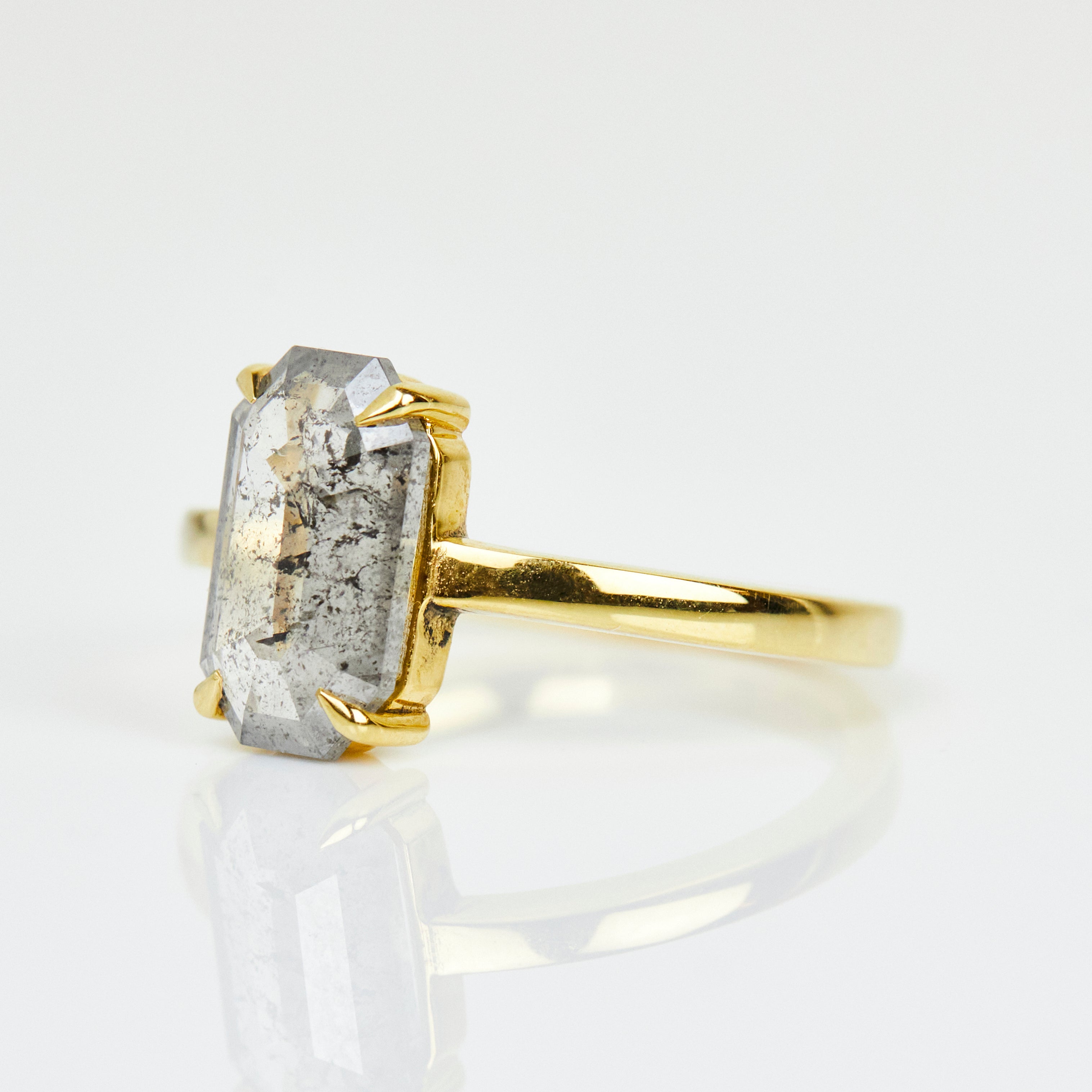 18ct yellow gold salt and pepper emerald cut diamond engagement solitaire ring