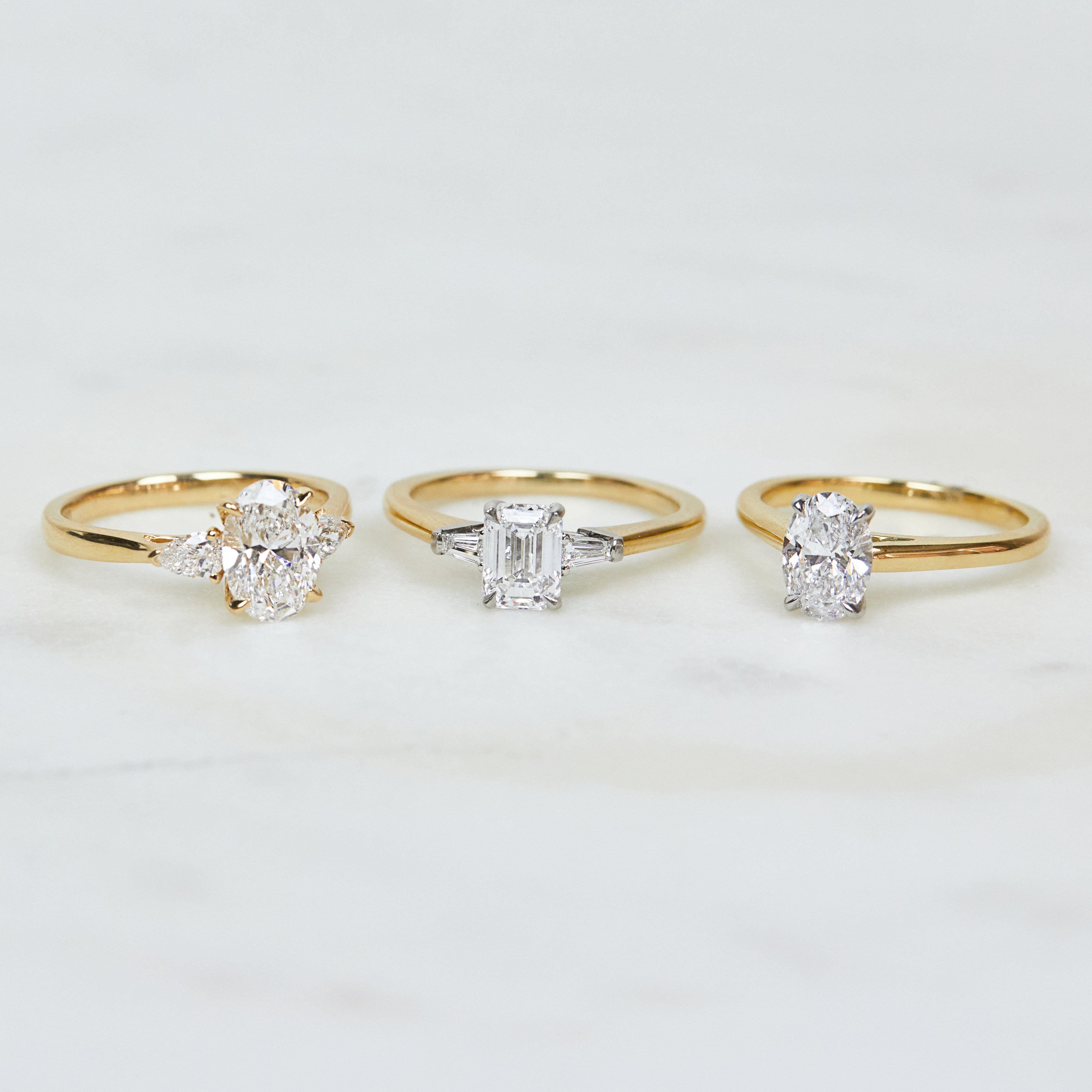 18ct yellow gold emerald cut trilogy lab grown diamond ring UK