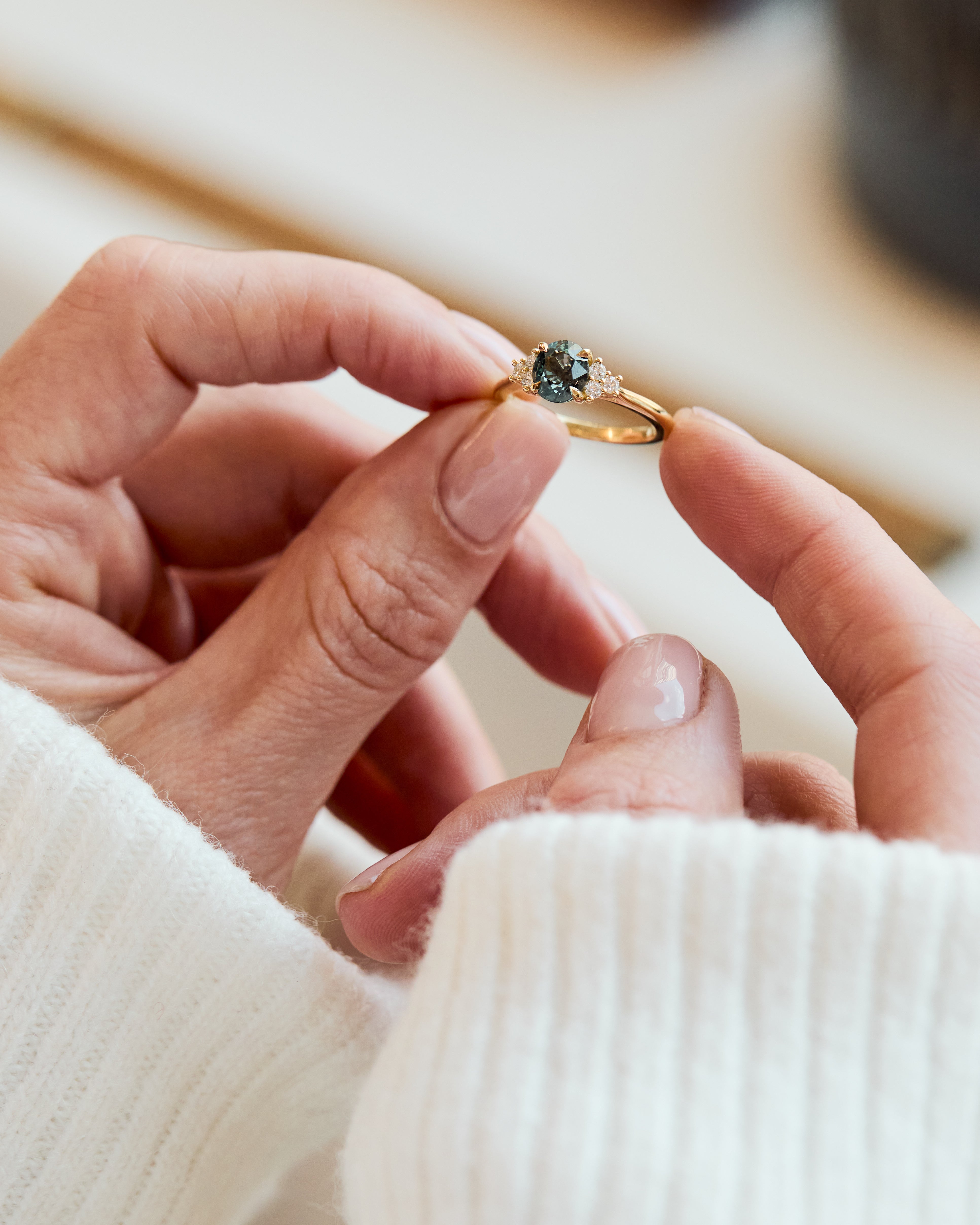 Oval Green Teal Sapphire Engagement Ring