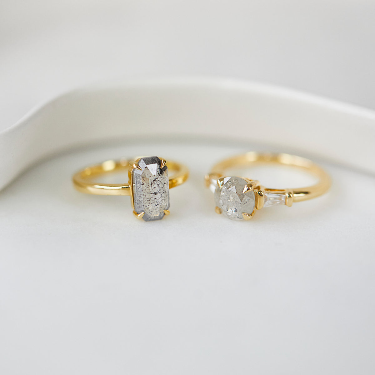 18ct yellow gold salt and pepper emerald cut diamond engagement solitaire ring