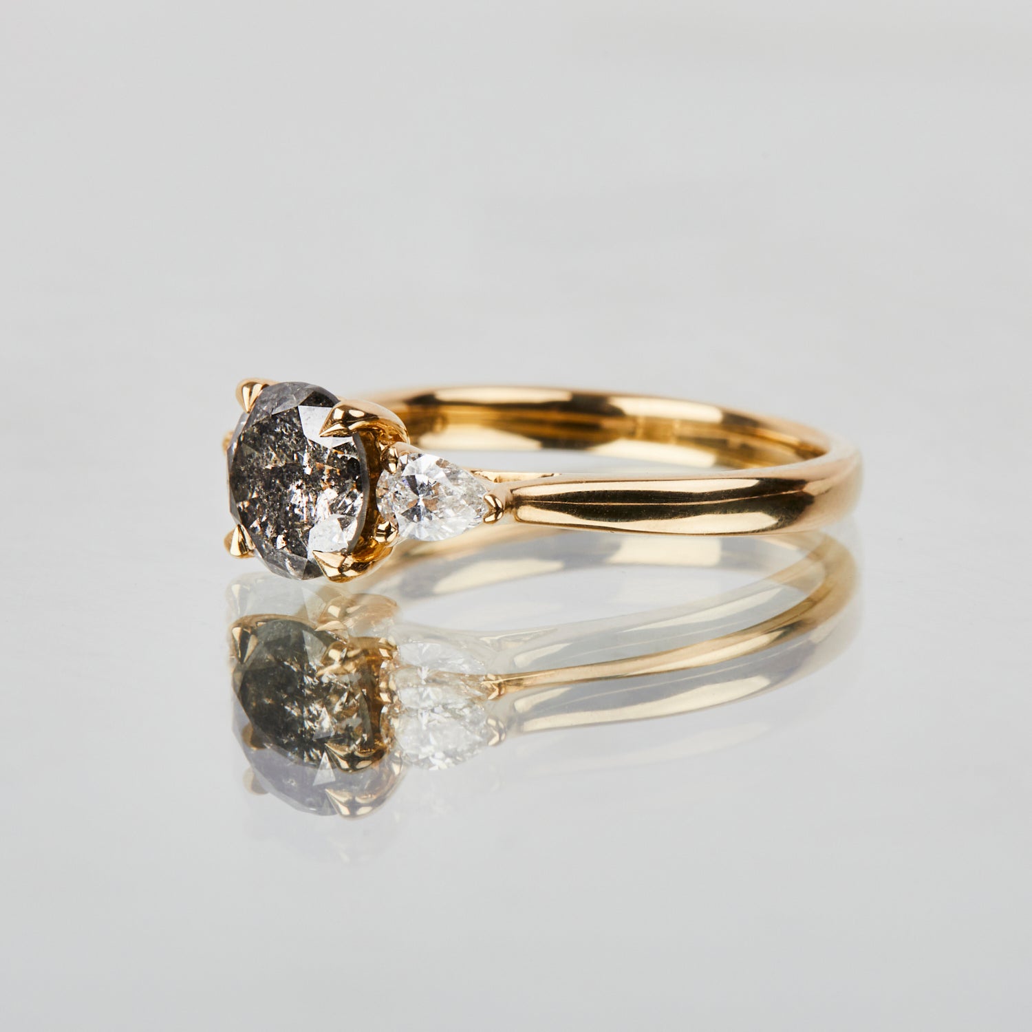 18ct yellow gold salt and pepper brilliant round cut diamond engagement trilogy ring