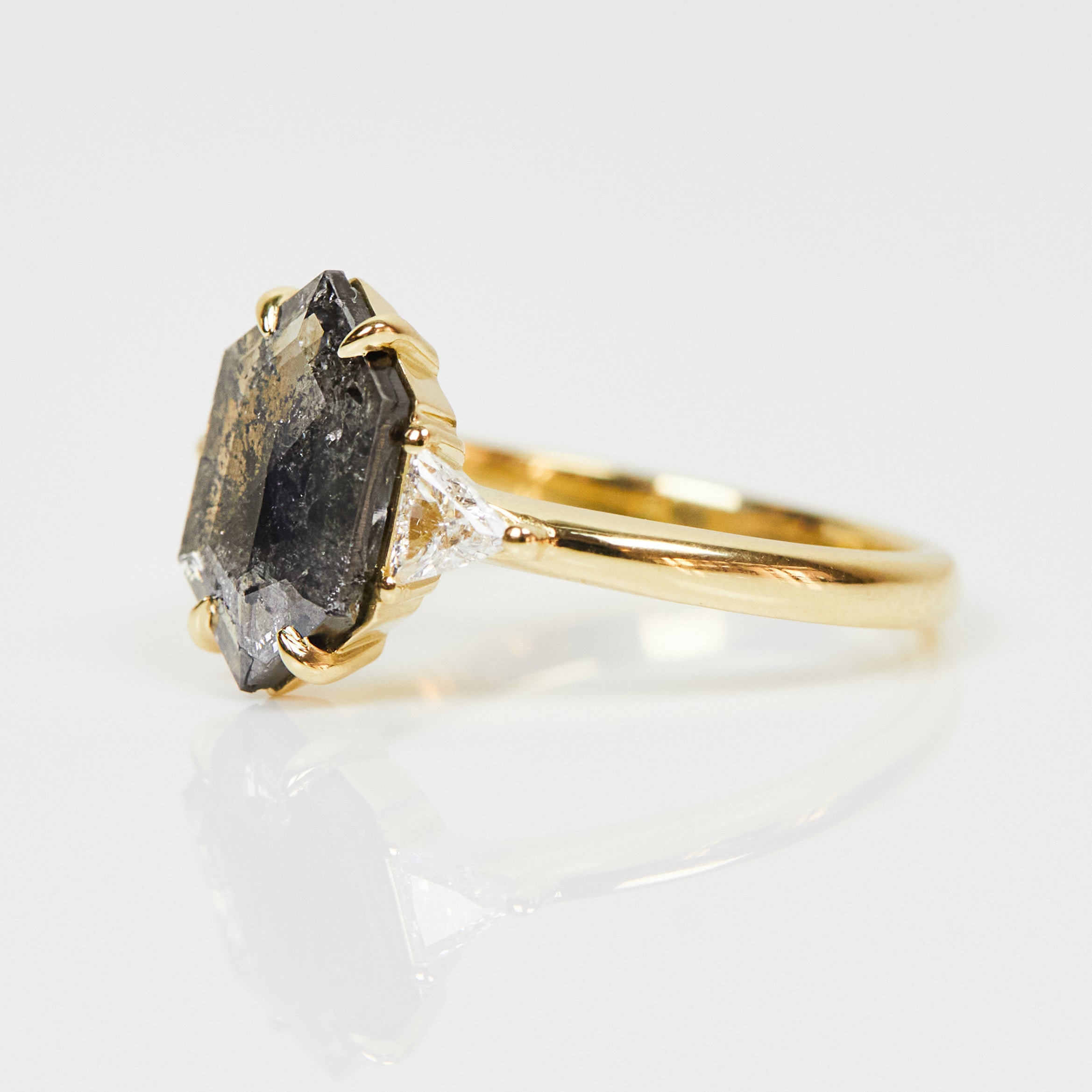 18ct yellow gold salt and pepper hexagon diamond engagement trilogy ring