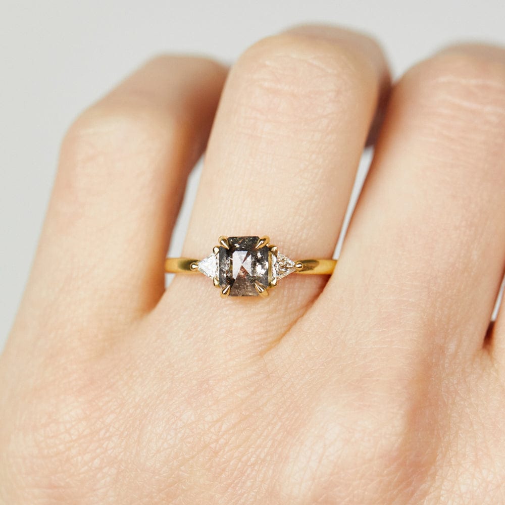 18ct yellow gold salt and pepper emerald cut diamond engagement trilogy ring