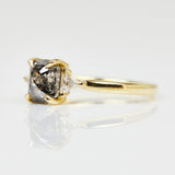 18ct yellow gold salt and pepper emerald cut diamond engagement trilogy ring
