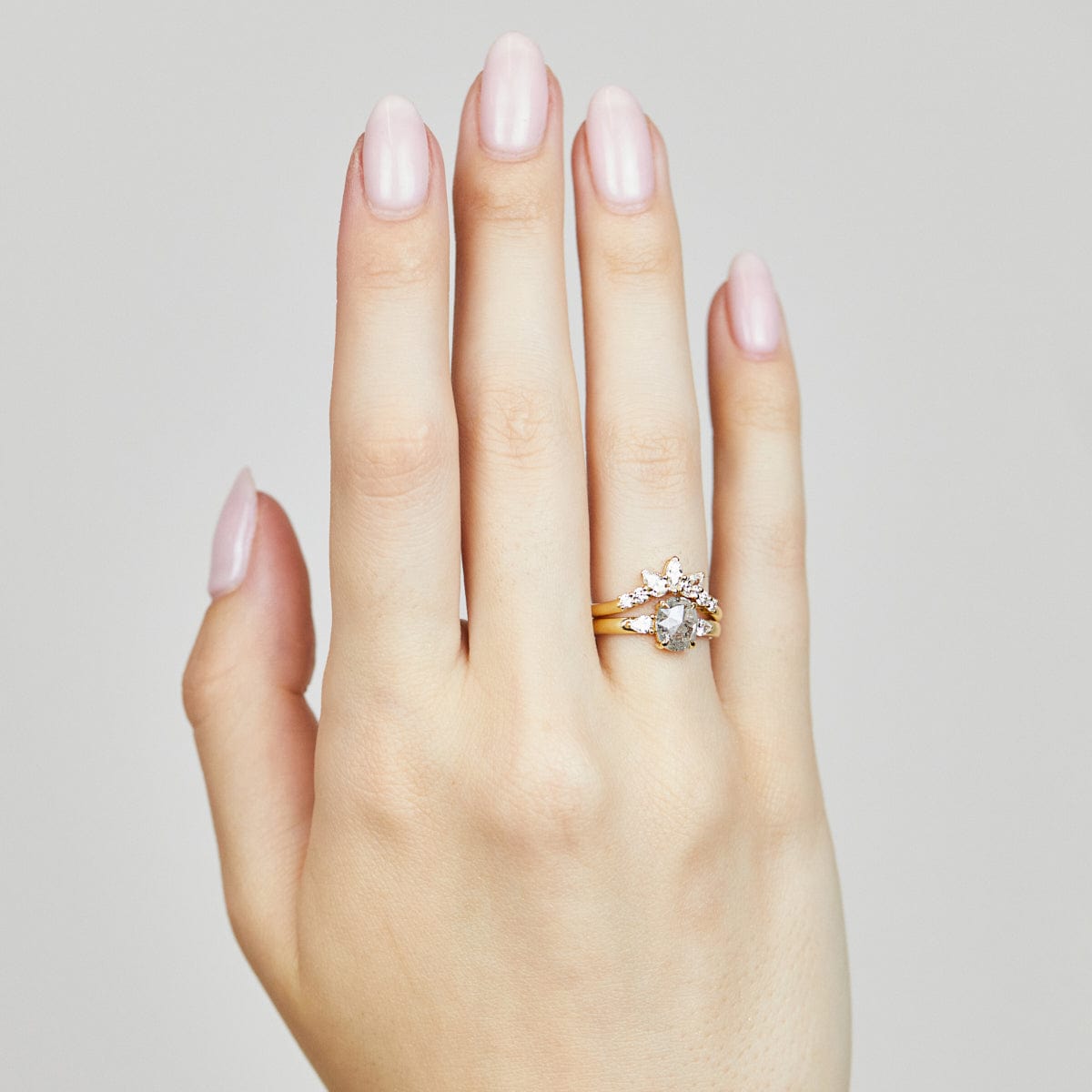 18ct yellow gold salt and pepper oval diamond engagement trilogy ring