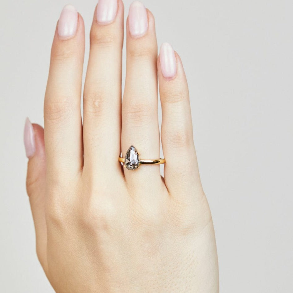 18ct yellow gold salt and pepper pear diamond engagement solitaire ring