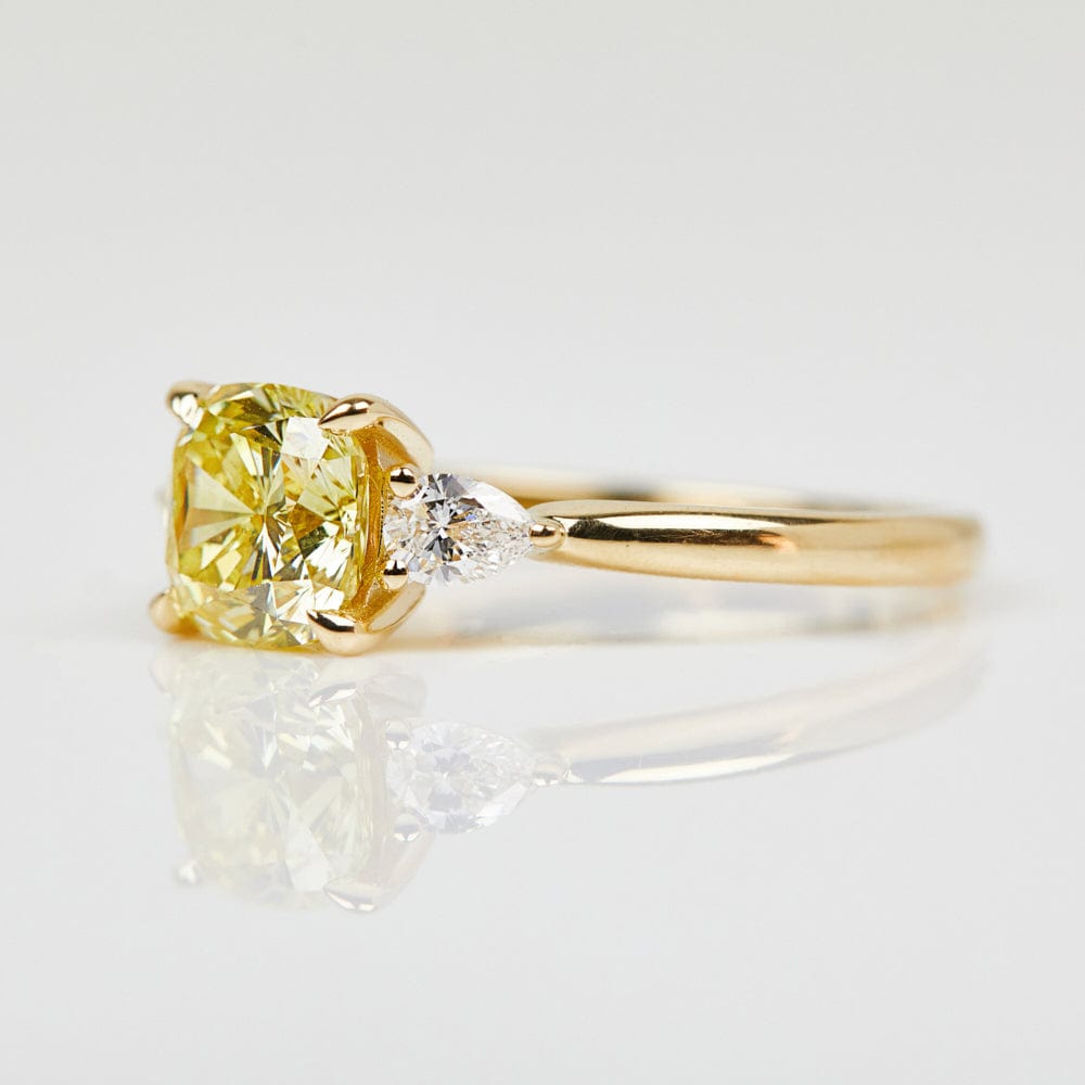 18ct yellow gold cushion cut trilogy yellow lab grown diamond ring UK