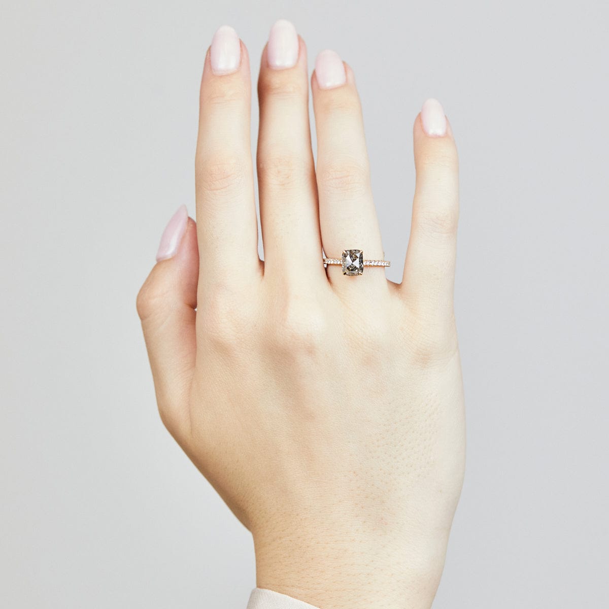 18ct yellow gold salt and pepper cushion cut diamond engagement pavé ring