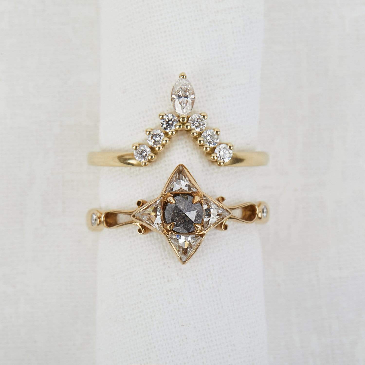 18ct rose gold salt and pepper round rose cut diamond engagement one-of-a-kind ring