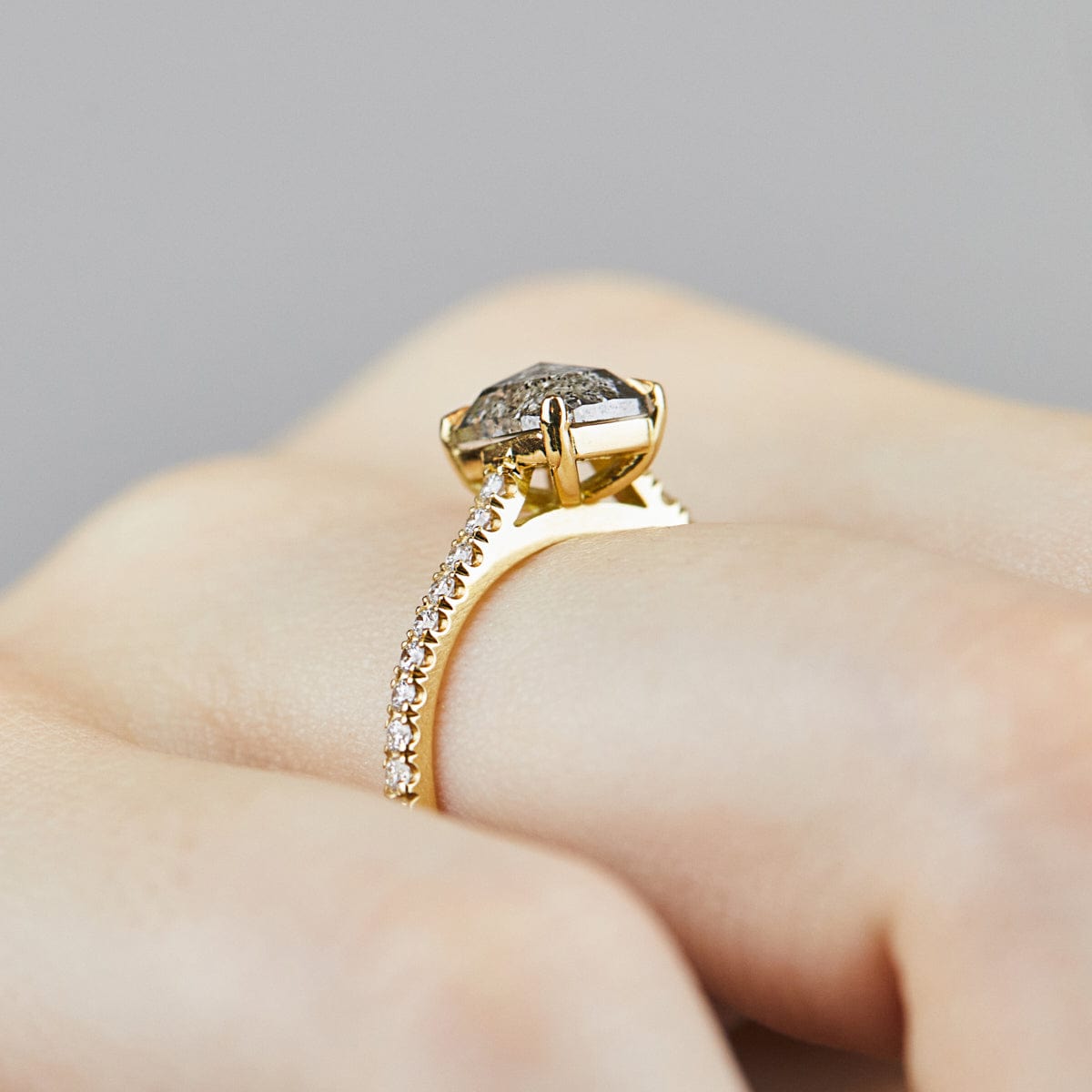 18ct yellow gold salt and pepper cushion cut diamond engagement pavé ring