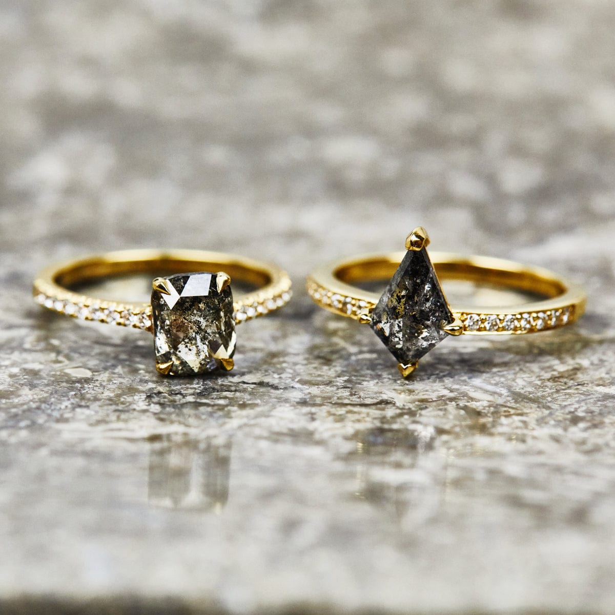 18ct yellow gold salt and pepper cushion cut diamond engagement pavé ring