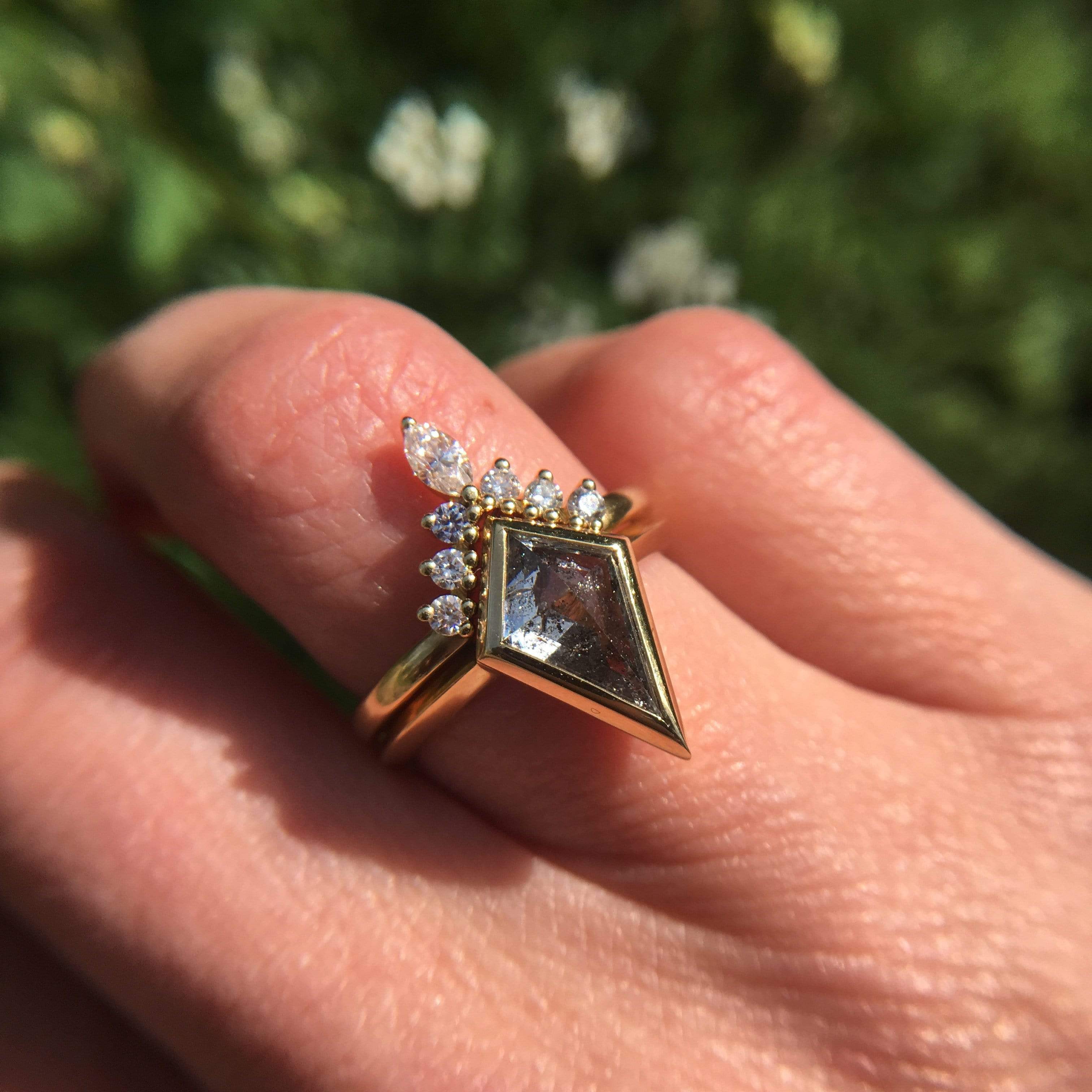 18ct yellow gold salt and pepper kite diamond engagement bezel ring