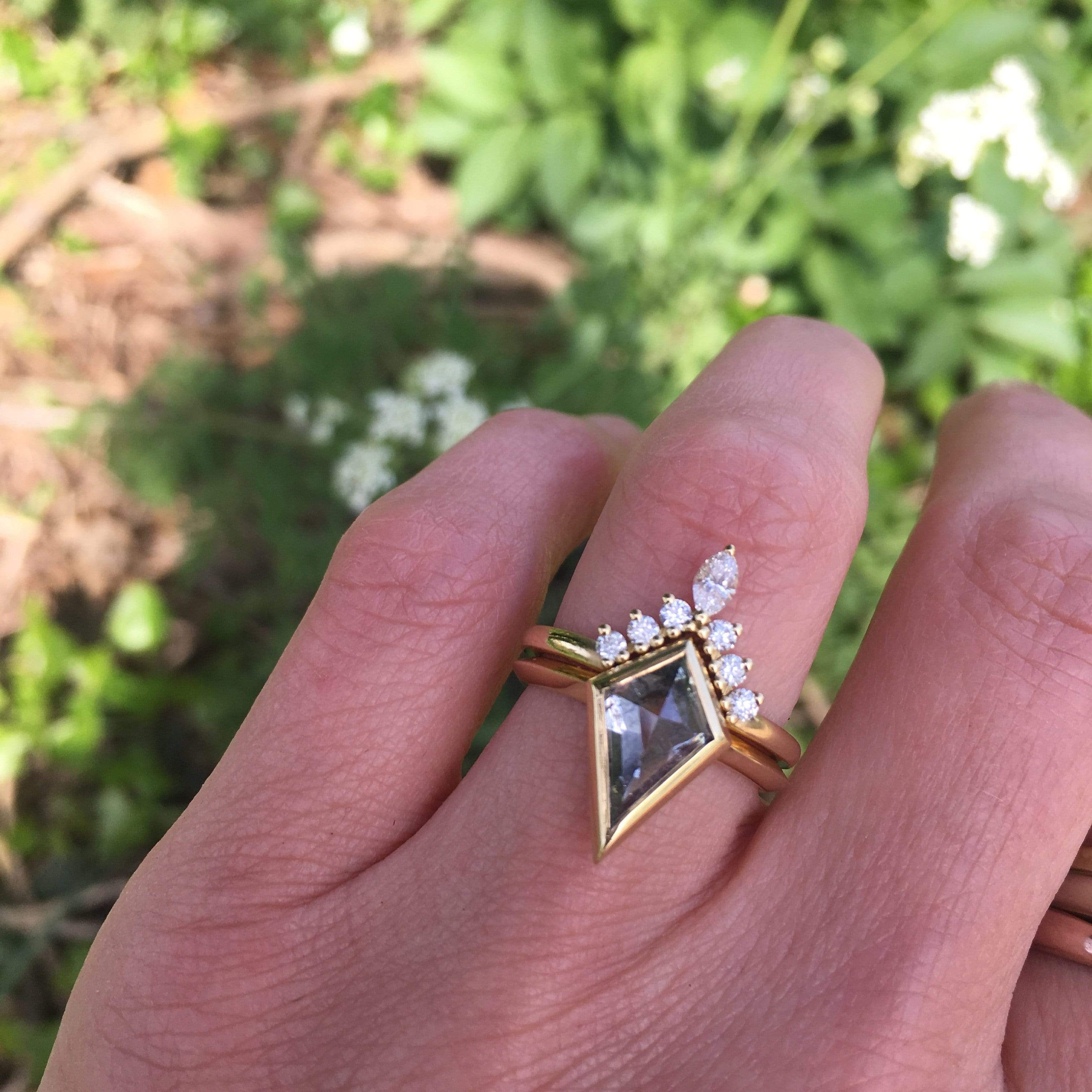 18ct yellow gold salt and pepper kite diamond engagement bezel ring