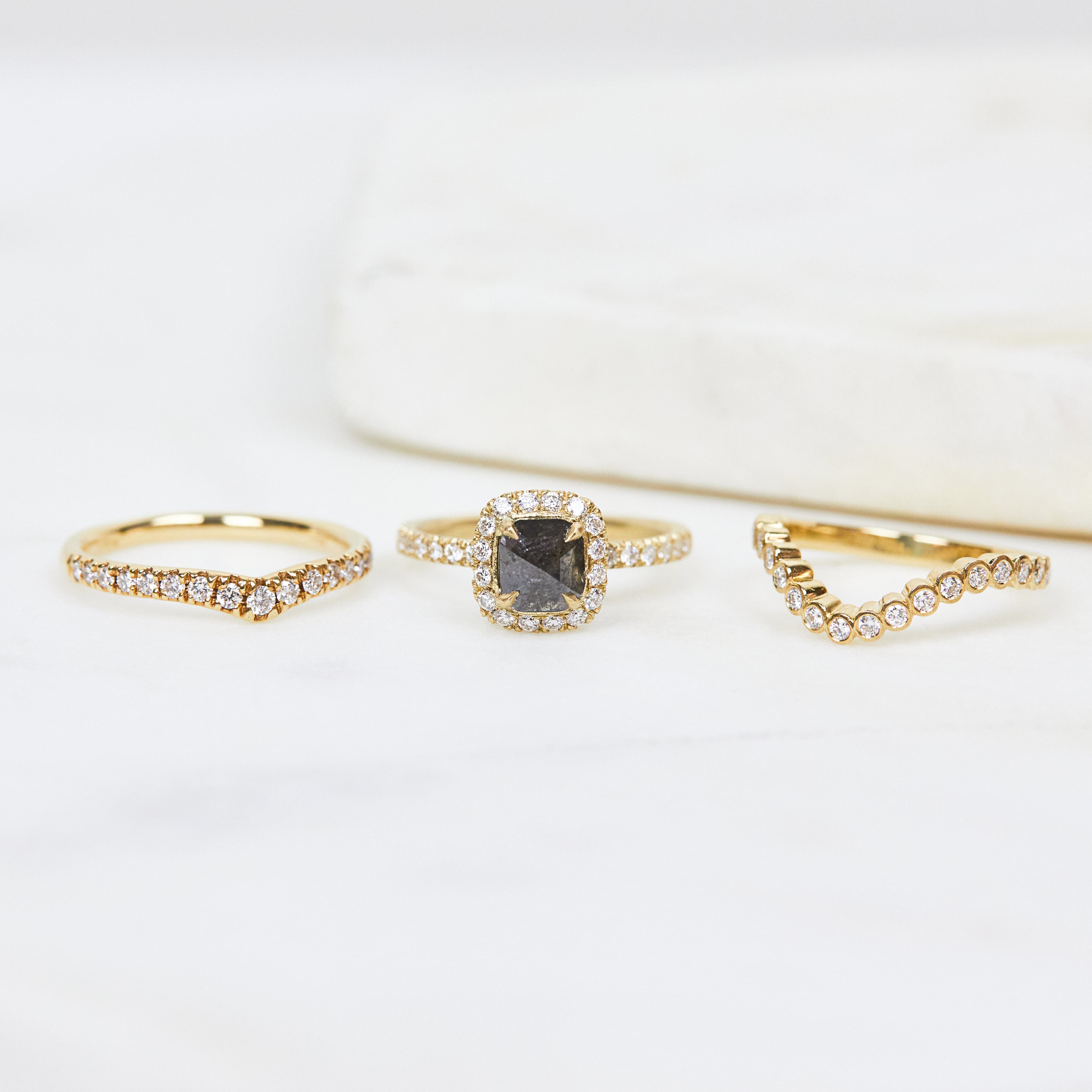 18ct yellow gold salt and pepper cushion cut diamond engagement halo ring
