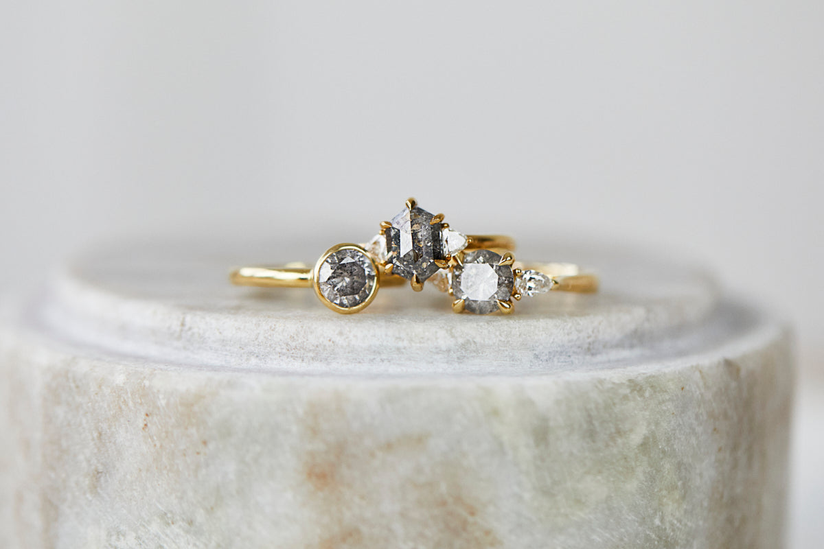18ct yellow gold salt and pepper diamond engagement  rings