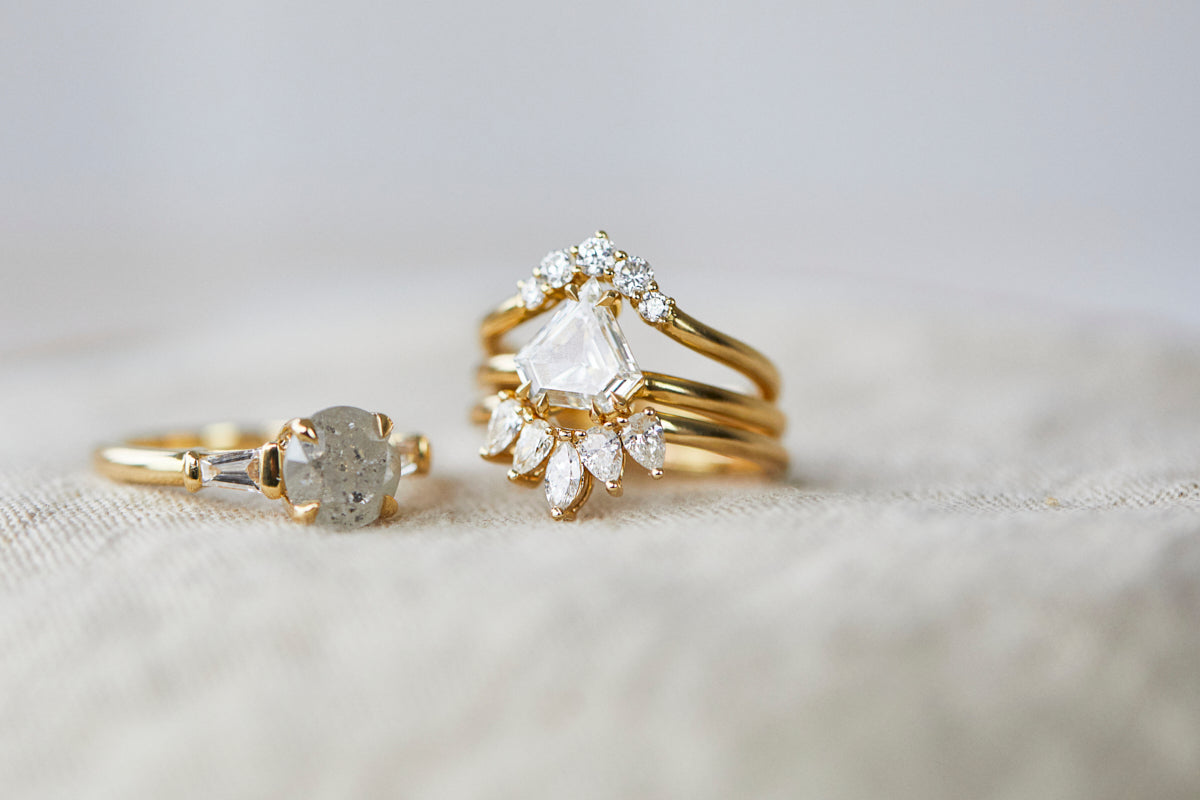 18ct yellow gold lab-grown shield diamond engagement ring with matching diamond wedding band