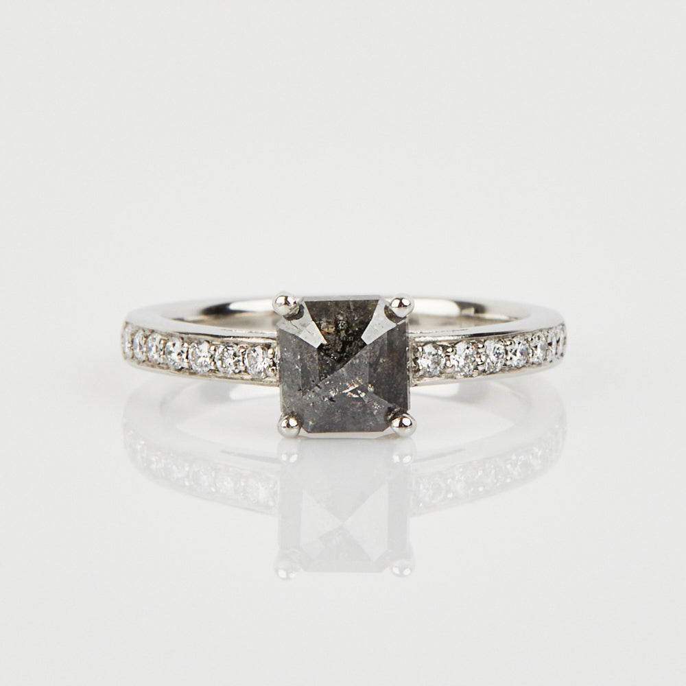 Platinum salt and pepper princess rose cut diamond engagement pavé ring