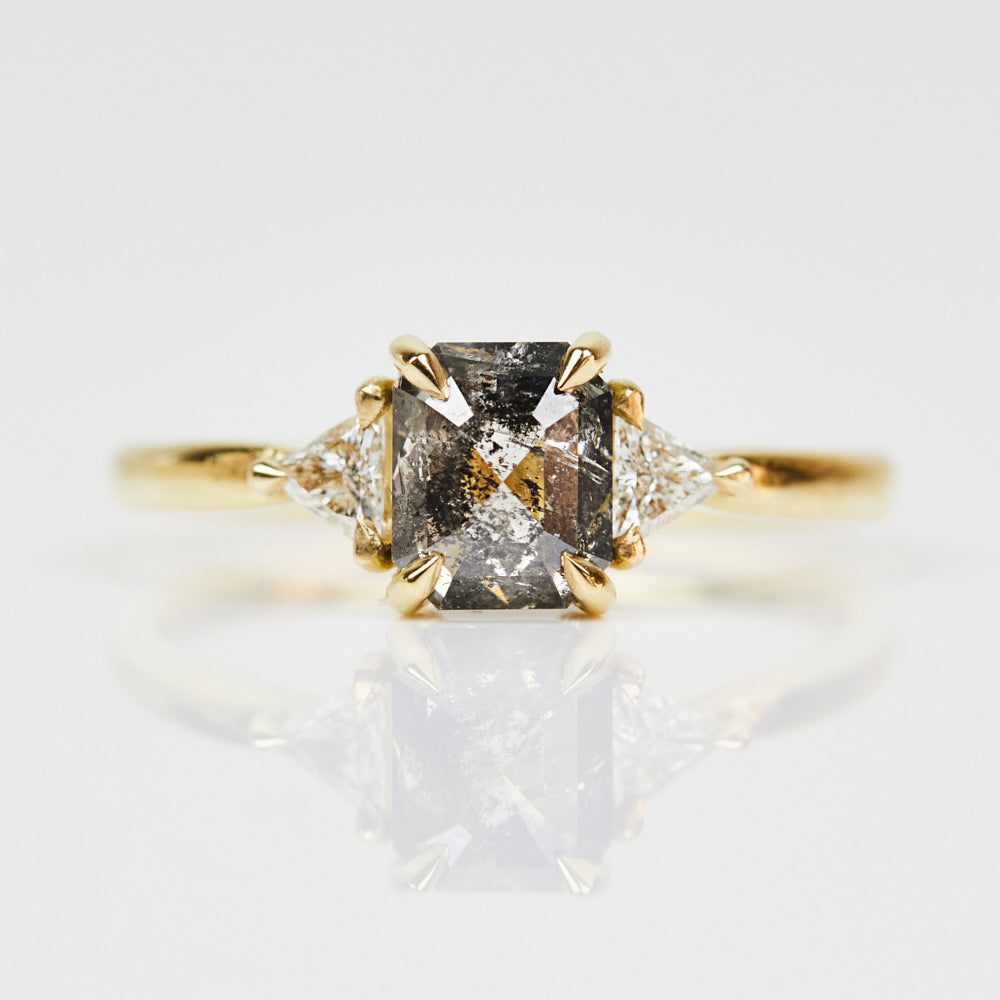 18ct yellow gold salt and pepper emerald cut diamond engagement trilogy ring