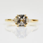 18ct yellow gold salt and pepper emerald cut diamond engagement trilogy ring