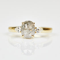 18ct yellow gold salt and pepper oval diamond engagement trilogy ring