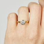 18ct yellow gold salt and pepper round brilliant cut diamond engagement bezel ring
