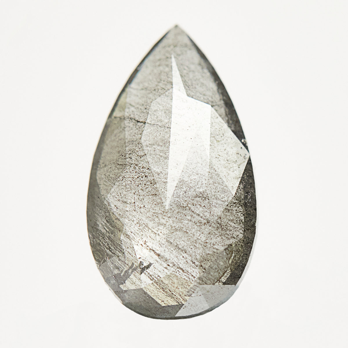 Modern elongated pear-shaped rose-cut dark grey salt and pepper diamond.