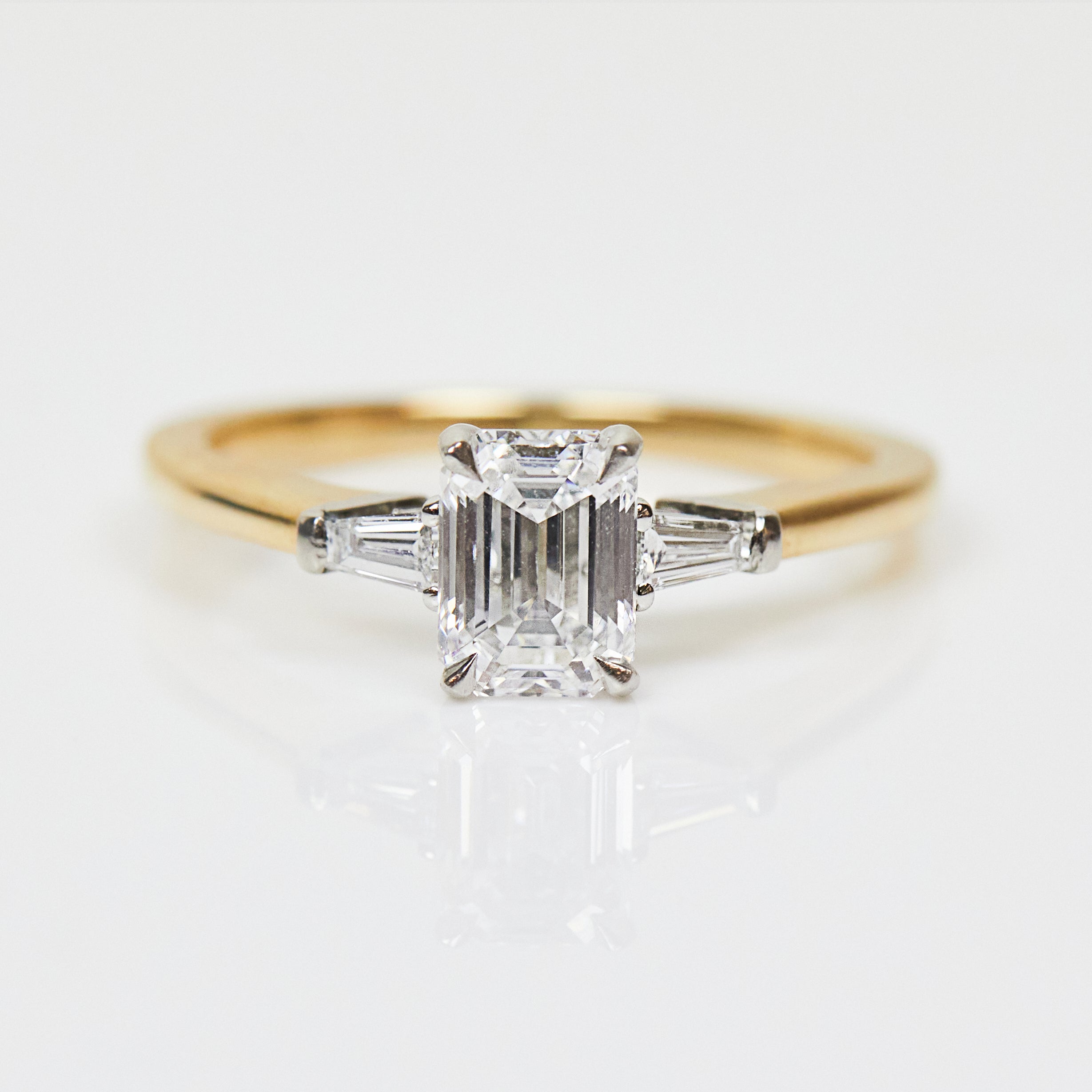 18ct yellow gold emerald cut trilogy lab grown diamond ring UK