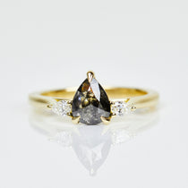 18ct yellow gold salt and pepper pear diamond engagement trilogy ring