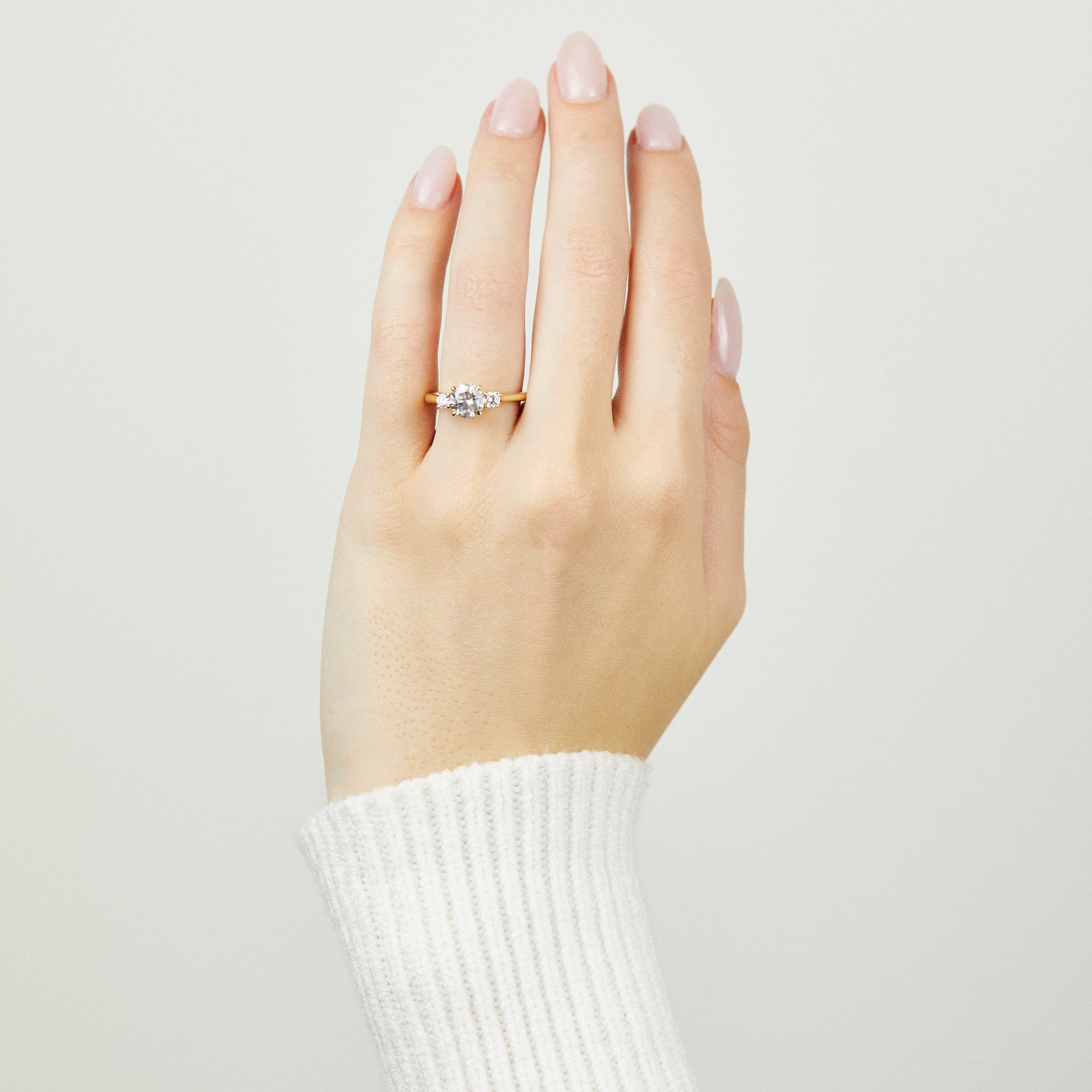 18ct yellow gold salt and pepper round brilliant cut diamond engagement trilogy ring