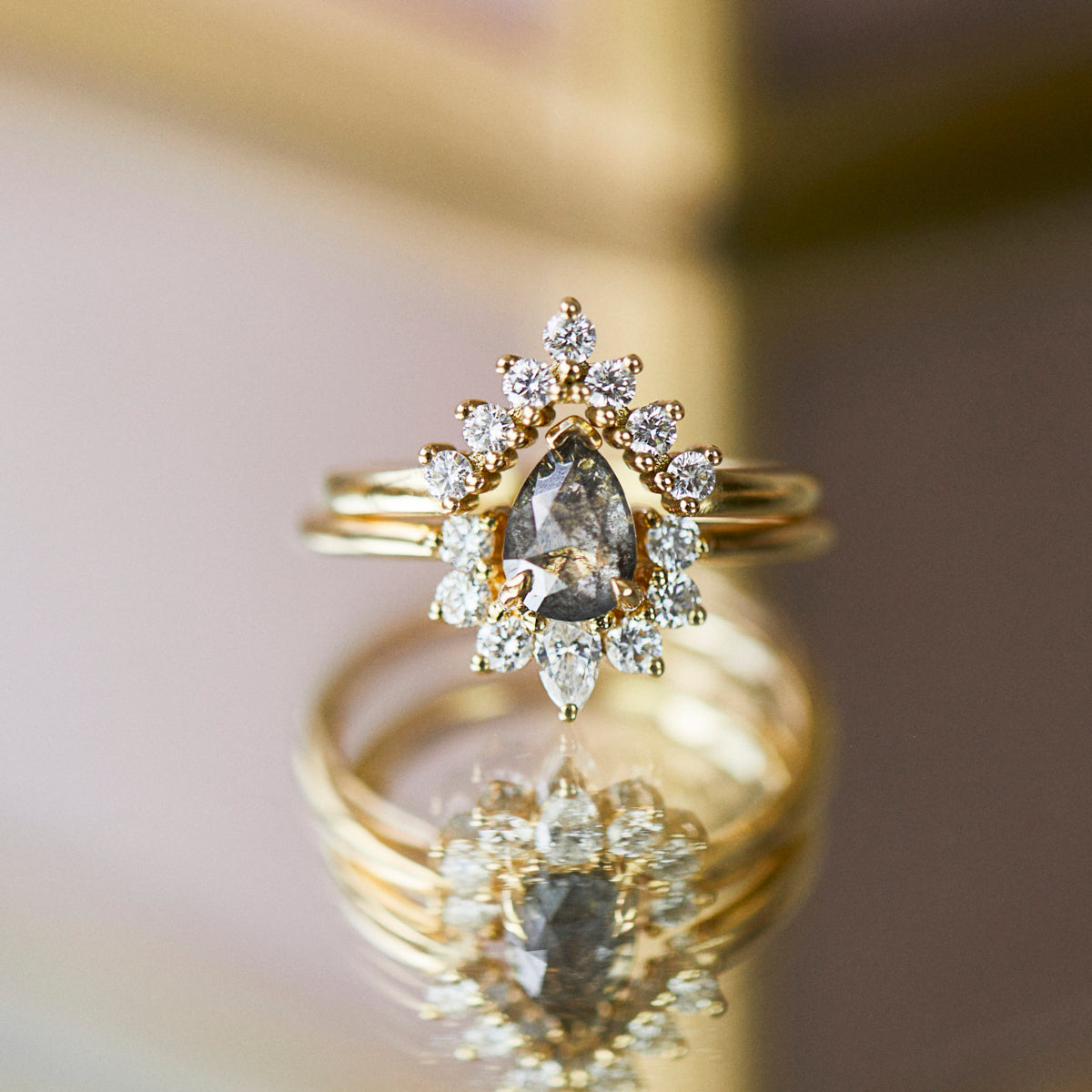 18ct yellow gold salt and pepper pear diamond engagement one-of-a-kind ring