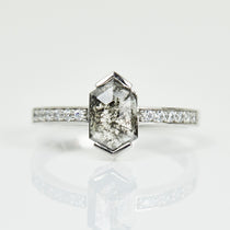 Platinum salt and pepper hexagon diamond engagement pavé ring
