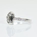 Platinum salt and pepper hexagon diamond engagement pavé ring