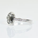 Platinum salt and pepper hexagon diamond engagement pavé ring