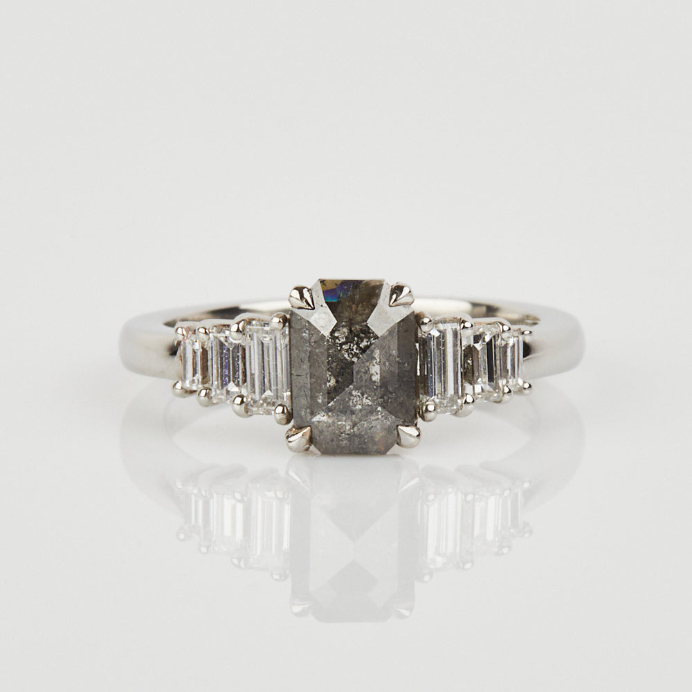 Platinum salt and pepper emerald cut diamond engagement one-of-a-kind ring