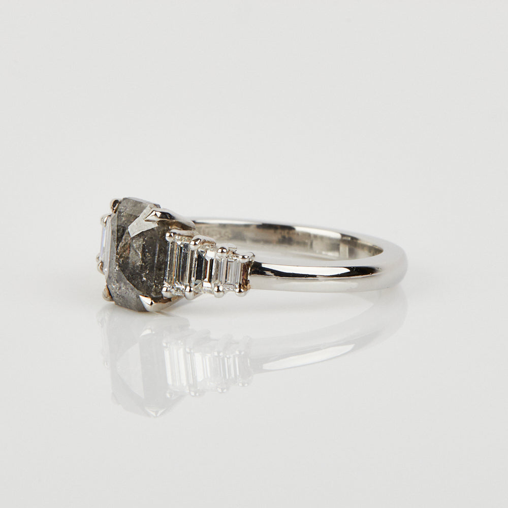 Platinum salt and pepper emerald cut diamond engagement one-of-a-kind ring