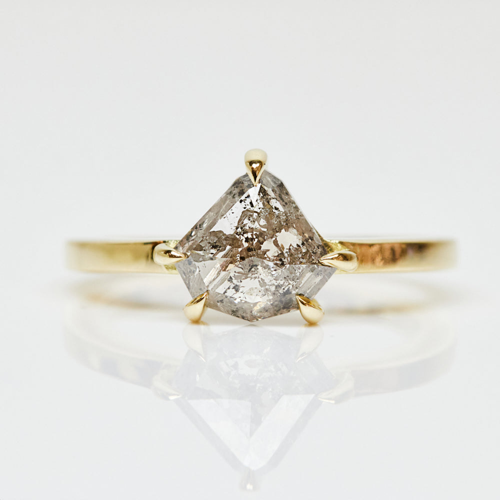 18ct yellow gold salt and pepper shield diamond engagement solitaire ring