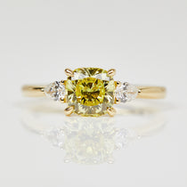 18ct yellow gold cushion cut trilogy yellow lab grown diamond ring UK