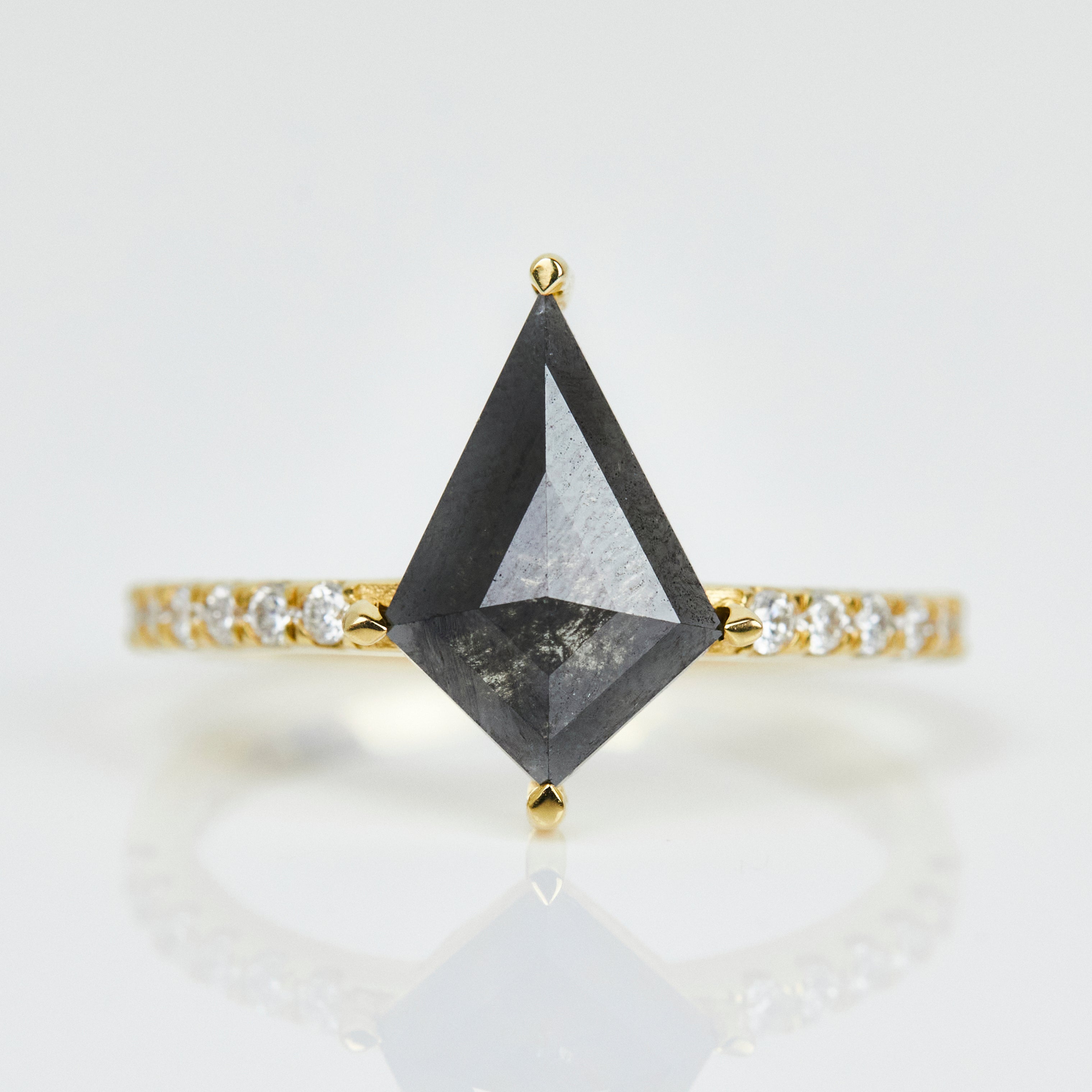 18ct yellow gold salt and pepper kite diamond engagement pavé ring